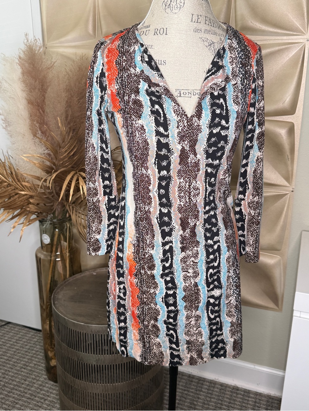 Diane Von Furstenberg Multicolor Striped V-Neck Long Sleeve Dress